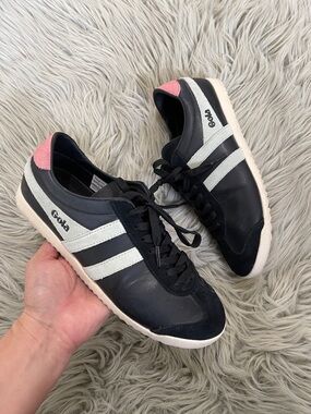 Gola Black Sneakers with White Stripes and Pink Heel Patch